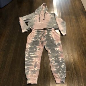 Grey and pink with white tie dye sweatsuit. Size small